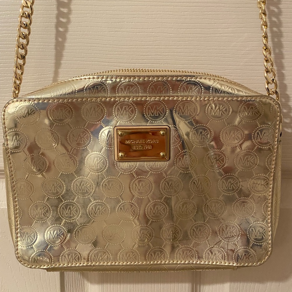 Michael Kors Jet Set Large East/West Gold Champagne Metallic Logo Crossbody